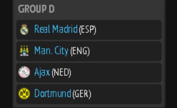 Bảng D: Real Madrid (Tây Ban Nha) – Man City (Anh) – Ajax (Hà Lan) – Borussia Dortmund (Đức)